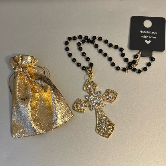 Vintage Gold Tone Gothic Statement Cross Charm Rosary Choker Necklace Brand New - Picture 5 of 11